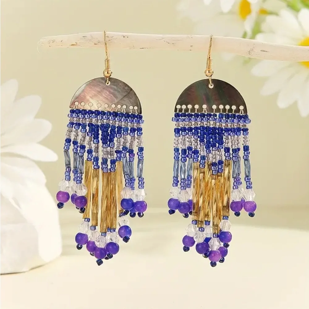 Blue Boho-Chic Handcrafted Beaded Dangle Earrings